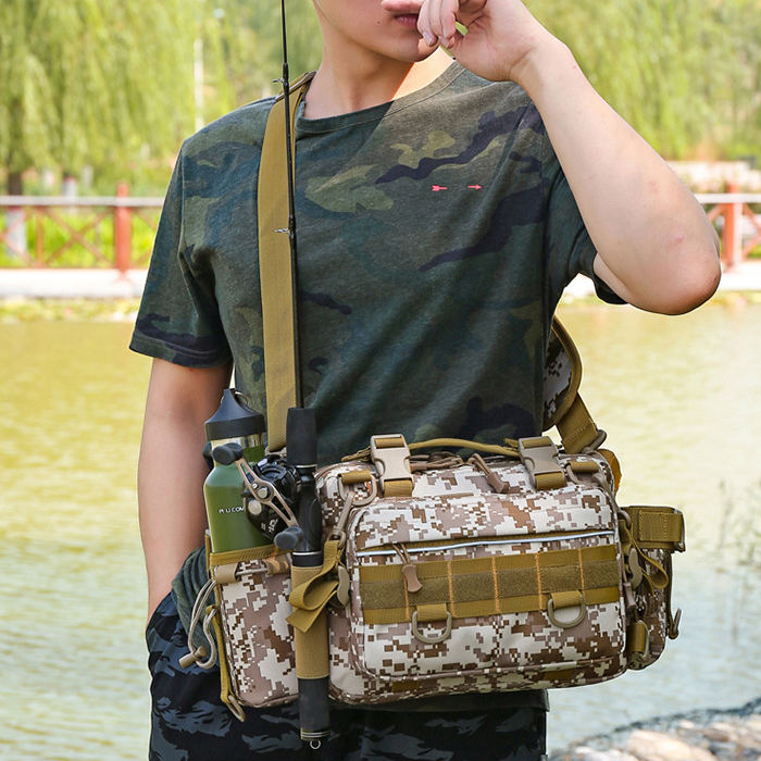 男性用マルチポケット大容量防水釣りタックルバッグ付き卸売多機能クロスボディチェストバッグ