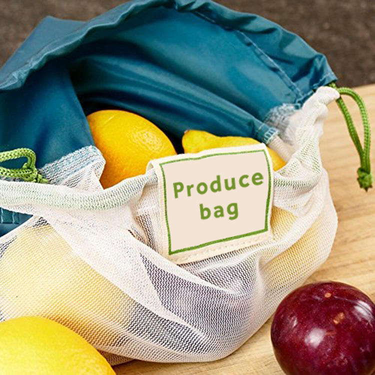環境に優しいRPET、RPETメッシュ、オーガニックコットンの再利用可能な農産物バッグ3セット、ポーチ付き。